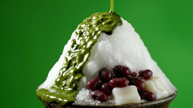 Ultra Detailed Cinematic Food Commercial of Japanese Matcha Kakigori Shaved Ice with Azuki Beans and Mochi Topped with Matcha Syrup on Green Screen