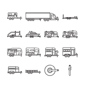 Collection of simplified line art vector illustrations of various trailers and recreational vehicles