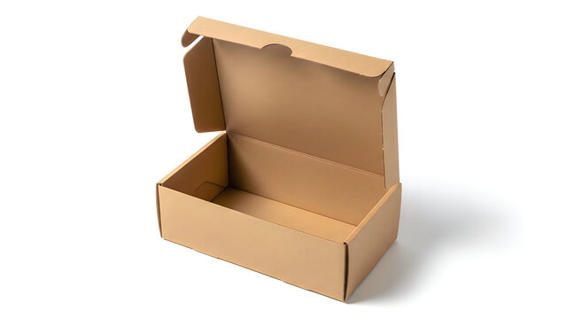 An empty cardboard box with a hinged lid open on a plain background isolated on white background