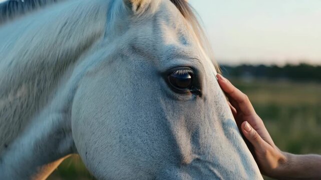Hand gently resting on horse's nose, showing bond and trust between man and animal.