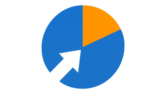 Data mining and analytics vector icon illustration featuring a blue and orange pie chart with a white arrow pointing to the center, representing business insights and financial statistics.