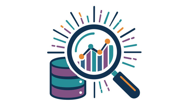 Professional vector icon illustration of big data analytics featuring a magnifying glass focusing on a bar chart and line graph over a database cylinder, perfect for business intelligence and