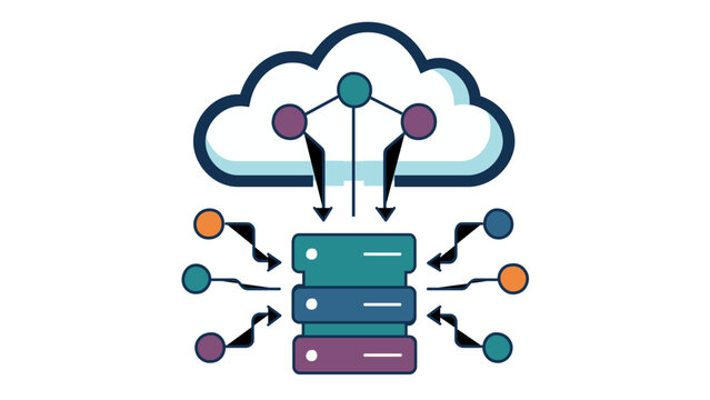 Scalable vector icon illustration of big data analytics and cloud computing. Flat minimalist design featuring a data server connected to cloud storage and network nodes for database management.