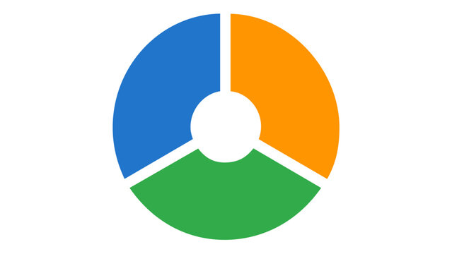 Minimalist data mining and analytics vector icon illustration featuring a three-part circular pie chart in vibrant blue, orange, and green segments, perfect for business and technology reports.