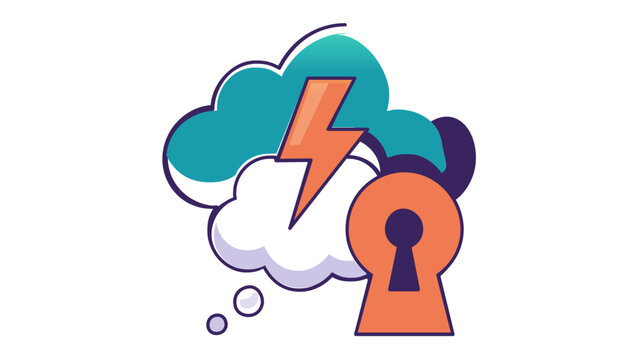 Insight generation vector icon illustration for data analytics featuring a brain cloud, lightning bolt, and keyhole, symbolizing creative problem solving, unlocking knowledge, and innovation.