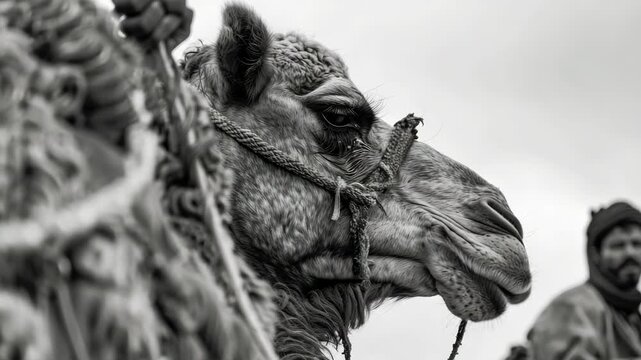 Camel travel through the desert, a traditional mode of transport in the Middle East. Camels are used for their resilience and ability to traverse arid landscapes.