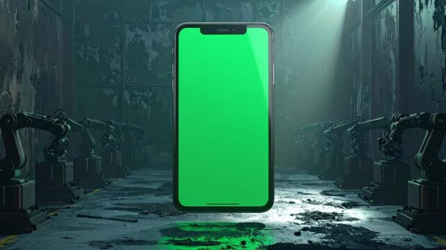 Futuristic Smartphone with Green Screen Display in Industrial Robotic Factory Setting, Showcasing Advanced Technology and Innovation.