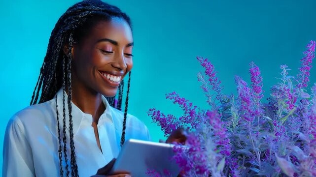 Female african young reading tablet near purple blossoms braided hair soft studio light calm focused lifestyle portrait