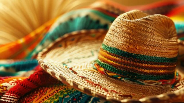 The shows a vibrant straw sombrero, commonly associated with Mexican culture and fiestas. It is an accessory often worn for sun protection or as part of traditional attire during festivities.