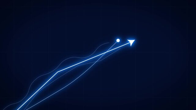 Futuristic Animation of a Glowing Line chart Rising Upward with a bright Arrow.  Multiple dynamic lines and tracking point move up on dark blue grid background, Data Analytics and Business growth,