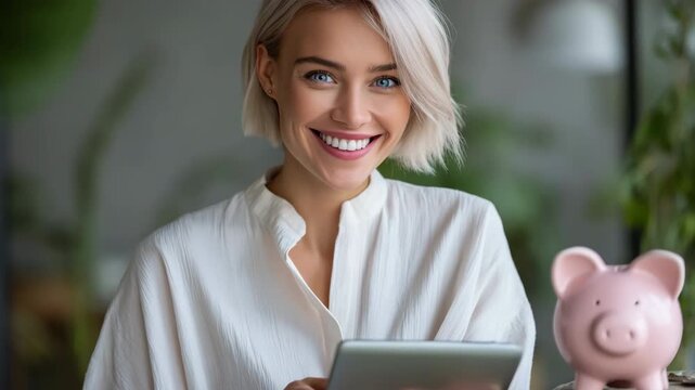 Young caucasian female adult holding tablet near piggy bank financial planning portrait