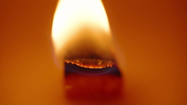 Extreme Closeup of Wooden Wick Burning with Visible Char and Flame Edges in Orange Wax, Macro, Cozy Lighting Concept