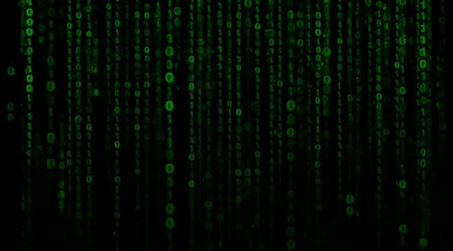 Green binary code rain falling on a black background creating mystery