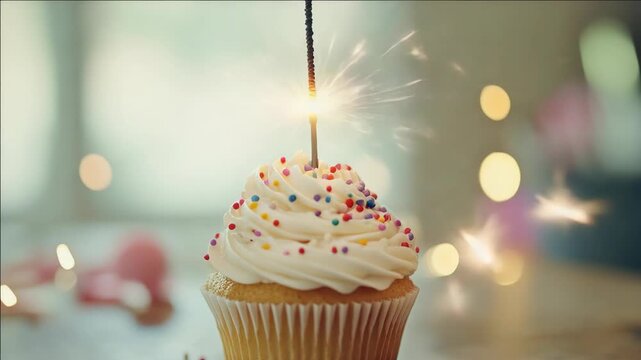 Brightly lit vanilla cupcake with sprinkles and sparkler, sitting on a table at a birthday party. Decorative background of bokeh lights.