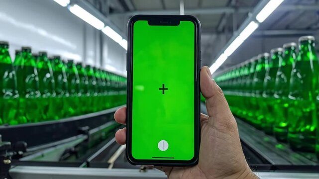 Holding an iPhone with a green screen display in front of a conveyor belt of green glass bottles in a factory setting.