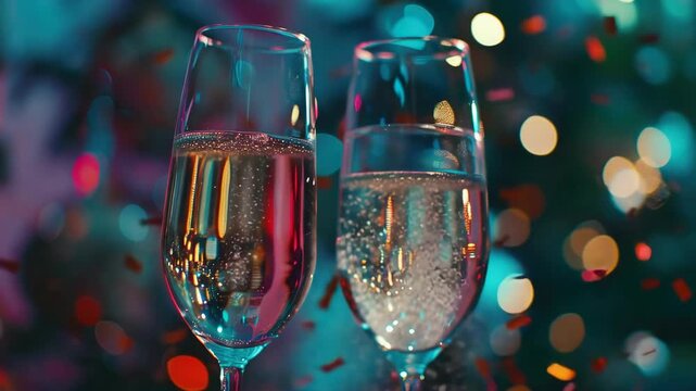 Two champagne flutes gleam against a festive, blurred backdrop. Confetti and lights dance softly behind the glasses. Bubbles rise gently in each crystal. The scene radiates celebration and luxury