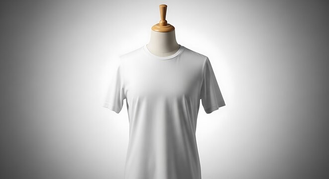 A blank white t-shirt on a headless mannequin, well-lit against a gradient backdrop