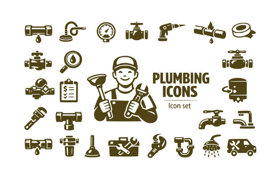 Plumbing Trade Icon Set Pipe Fitting Drain Snake Water Pressure Shut Off Valve Solder Joint Backflow Preventer Leak Detection Service Estimate Vector Illustration