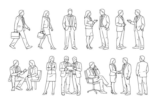CAD Drawings. Set business people outlines isolated on white background. Walking, standing, talking etc. Vector illustration.