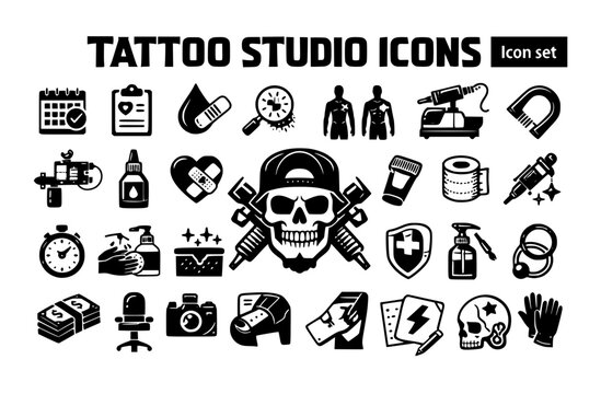 Tattoo Studio Icon Set Studio Booking Aftercare Ink Allergy Patch Test Placement Diagram Laser Removal Piercing Gauge Touch Up Body Art Vector Illustration