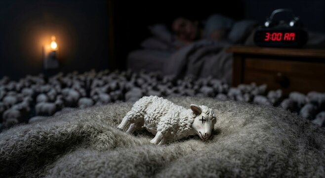 Tired man unable to sleep with a crowd of white sheep jumping around him in a dark bedroom, perfect for sleep health content, humor, and anxiety themes