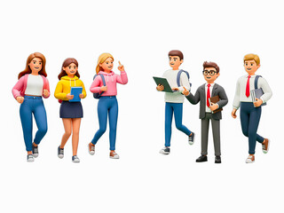 Fototapeta premium Group of cheerful students and business professionals walking together in this animated 3d character design motion video