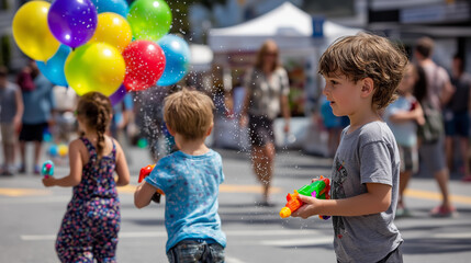 Fototapeta premium Kids playing with water balloons and toy guns during colorful outdoor festival, laughter and movement, faceless framing, vibrant splashes, with copy space
