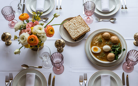 Easter table setting with traditional Jewish charoset and eggs in broth