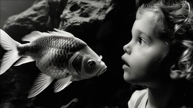 Child gazes at fish in aquarium. Glowing scales reflect soft light. Curly hair frames child's face. Fish swims calmly toward child. Underwater scene, serene and quiet
