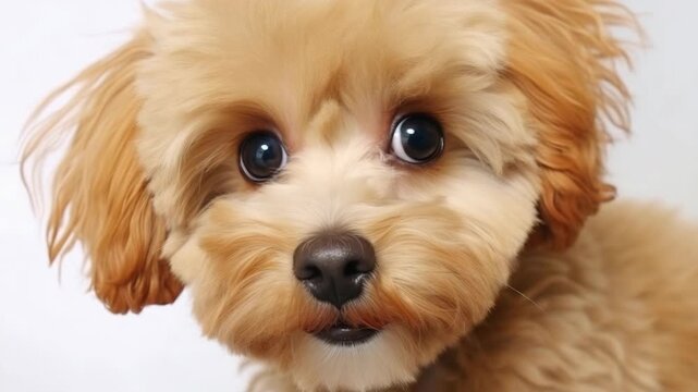Young fluffy dog looking at the camera.