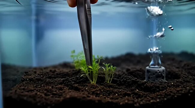 Aquascaping an aquarium with small plants and aquascaping tweezers underwater