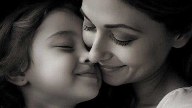 A tender moment captured between a mother and her child, exuding warmth and love.