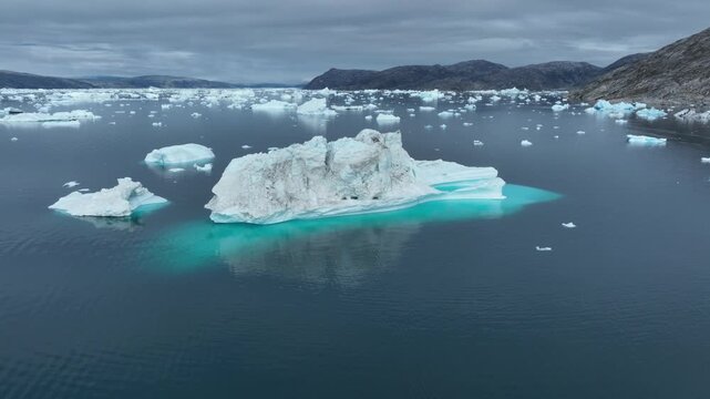 Drone shot of icebergs floating in a large fjord of East Greenland