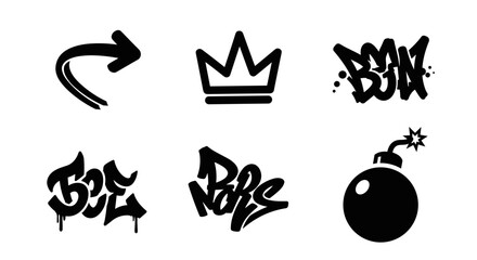 Fototapeta premium A set of six graffiti style vector icons on transparent background