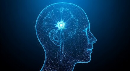 Obraz premium A glowing, network-like representation of a human head and brain, set against a deep blue
