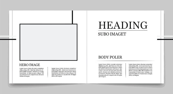 Minimalist magazine spread layout vector, professional brochure template with image placeholders, clean editorial design for portfolio or catalog