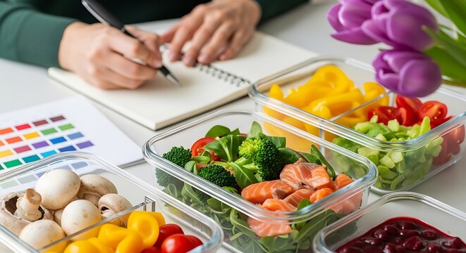 A person sketches meal plan next to colorful prepared food containers and flowers