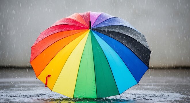 A rainbow-colored umbrella protects from rain outdoors, against a pale backdrop