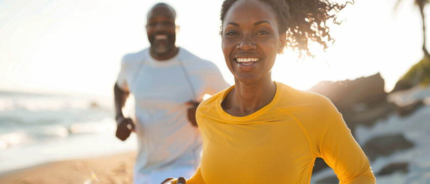 Active aging concept. Happy mature African American couple jogging together on a sunny beach, healthy lifestyle, fitness and morning exercise.