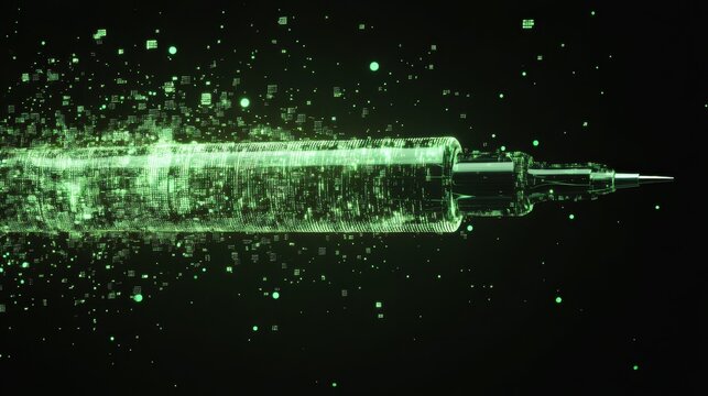 The image depicts a digital, glowing representation of a hypodermic needle filled with a luminous green substance, set against a dark background