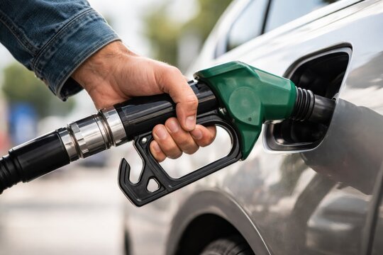 A close-up view of a hand holding a gas pump nozzle, ready to refuel a car, highlighting the importance of fueling in daily life.