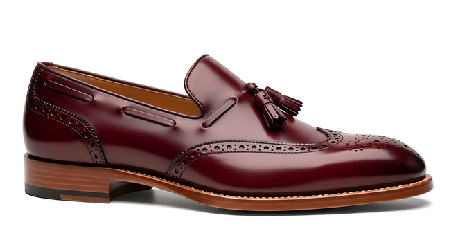 A stylish burgundy leather loafer with tassel and brogue detailing