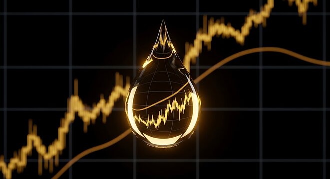 A water droplet shape reflects a stock market graph, emphasizing energy or commodity prices