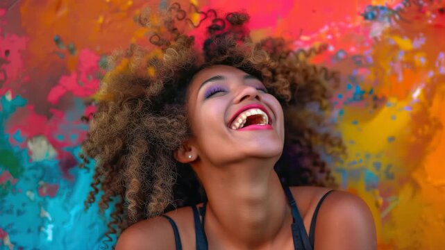 Vibrant colors explode behind joyful woman. Her curly hair frames radiant, laughing face. She wears simple top, eyes closed in pure delight. Warm, colorful backdrop enhances her radiant expression