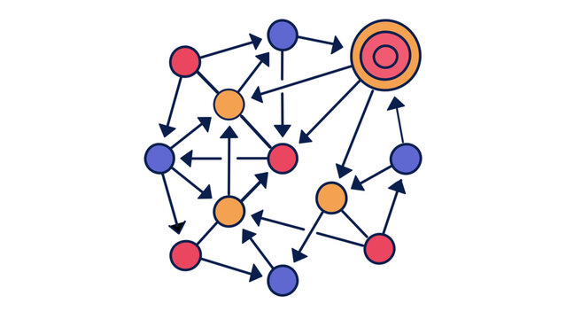Backlink strategy vector icon illustration of a digital marketing network with interconnected nodes and arrows for SEO optimization, link building, data flow visualization, and web connectivity.