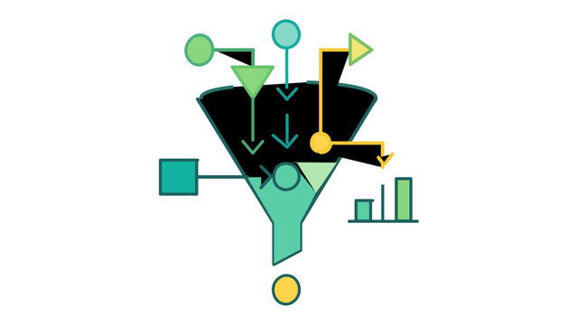 Digital marketing conversion funnel vector illustration and flat icon. Minimalist graphic design showing data processing, lead generation, sales optimization, and business analytics workflow.