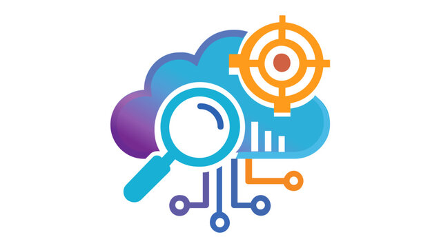 Modern Vector Illustration of Digital Marketing and Cloud Computing Icon Featuring a Magnifying Glass, Target, and Circuit Data Lines for Business Analytics, SEO, and Technology Connectivity.
