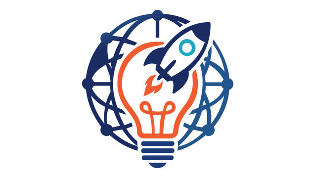 Vector illustration of a rocket ship launching from a lightbulb inside a global network grid, representing startup innovation, digital marketing, creative ideas, and global business technology.