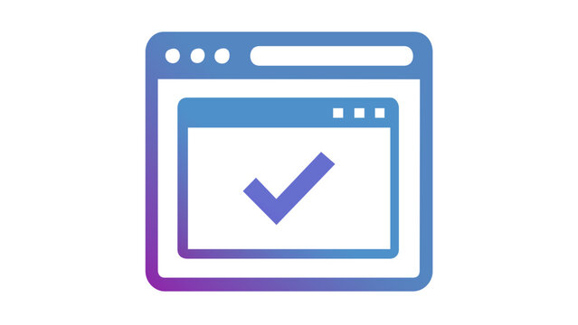 Vibrant purple and blue gradient vector icon illustration of a web browser interface with a checkmark symbol, representing successful keyword research, SEO optimization, and digital marketing.