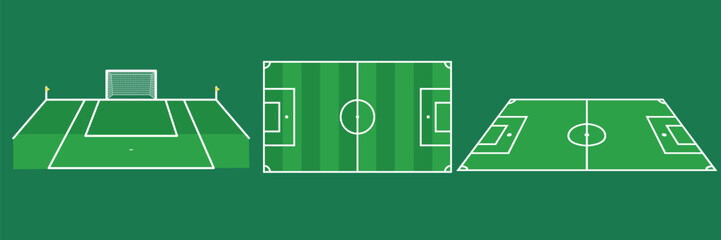 Flat Design Soccer Field Illustration for Sports Background with Green Grass Pitch Top View and Perspective Stadium Layout Lines © AdyZakaria